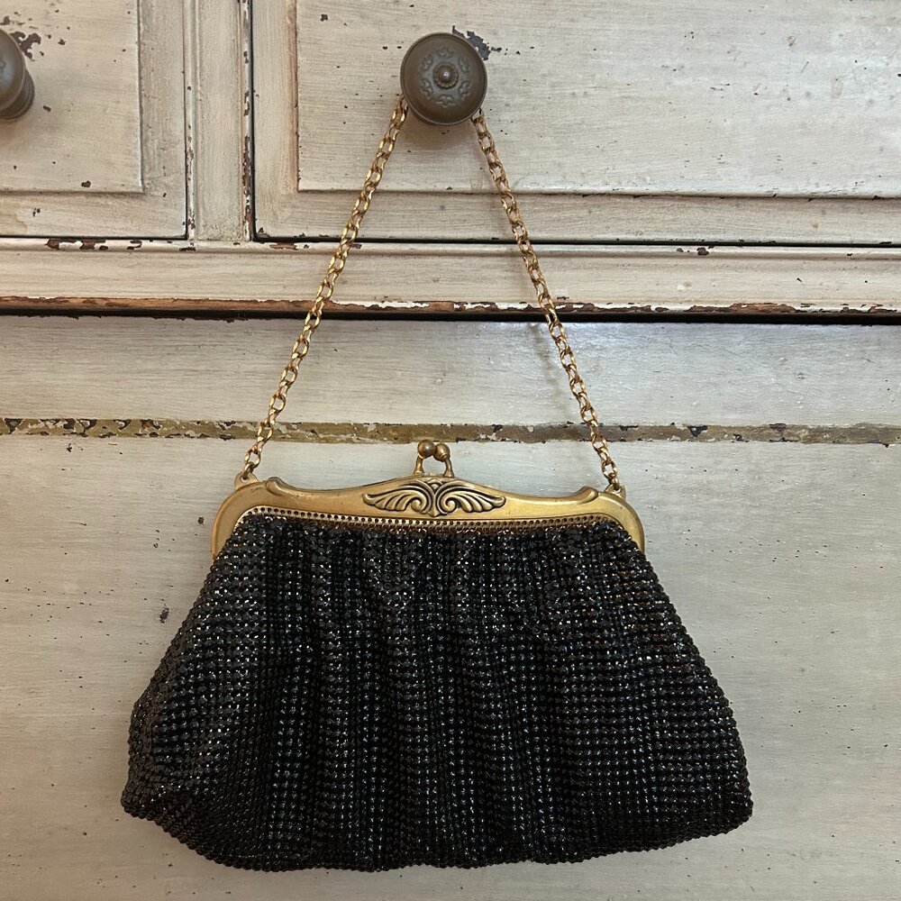 WHITING & DAVIS black and gold mesh evening bag